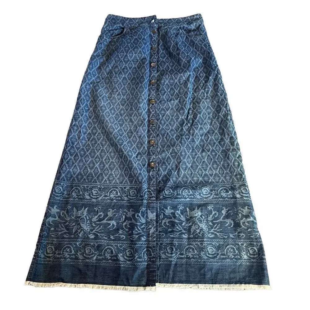Soft Surroundings Ashbury Printed Denim Button Front Midi skirt size M